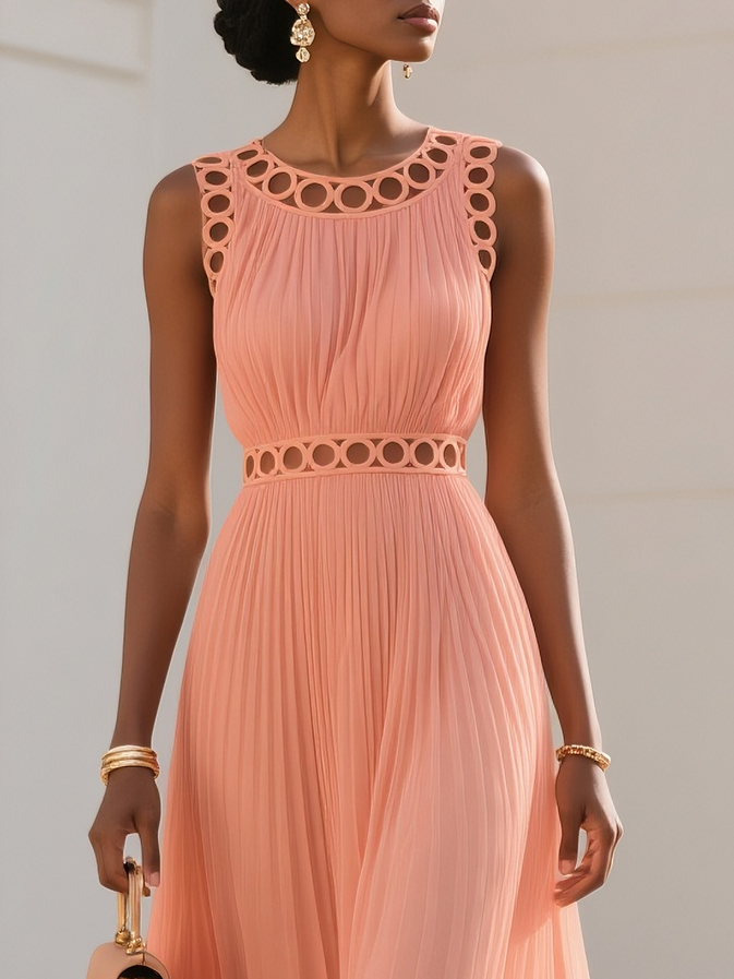 Orange Lace Pleated Chiffon Crew Neck Sleeveless A-Line Maxi Dress