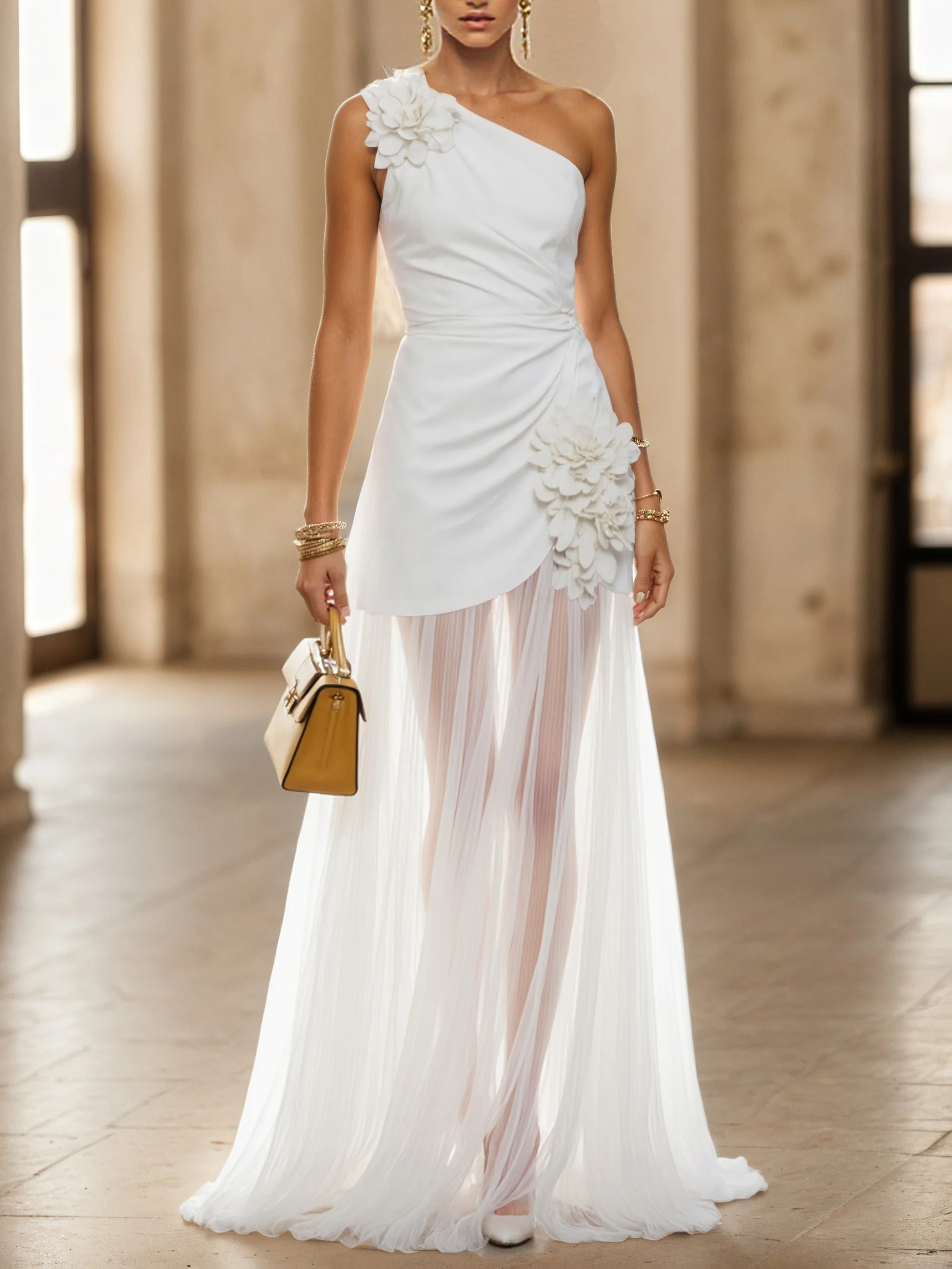 White 3D Floral Ruched Classic One Shoulder Sleeveless A-Line Maxi Dress