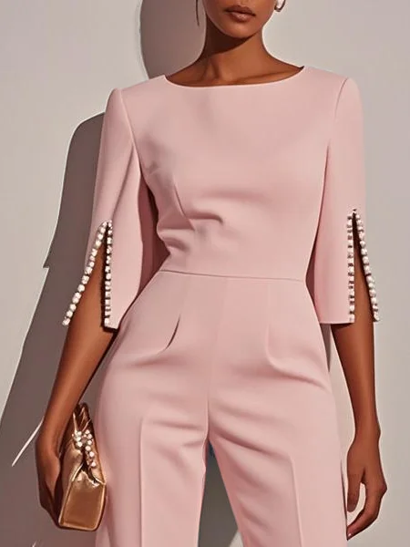 Women White Imitation Pearls Slit Boat Neck Half Sleeve Dressy Jumpsuit