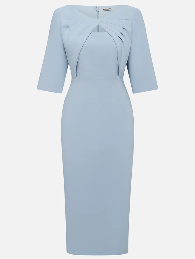 Light Blue Ruched Boat Neck Half Sleeve Sheath Midi Dress