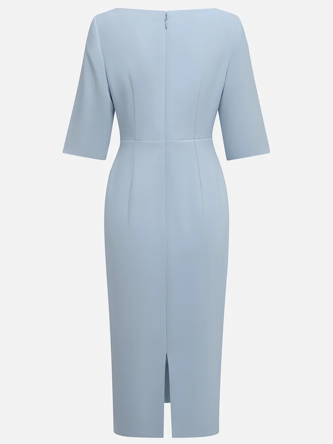 Light Blue Ruched Boat Neck Half Sleeve Sheath Midi Dress