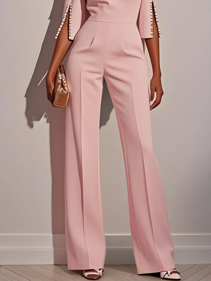 Women White Imitation Pearls Slit Boat Neck Half Sleeve Dressy Jumpsuit