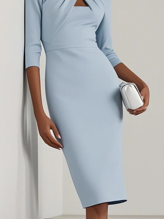 Light Blue Ruched Boat Neck Half Sleeve Sheath Midi Dress