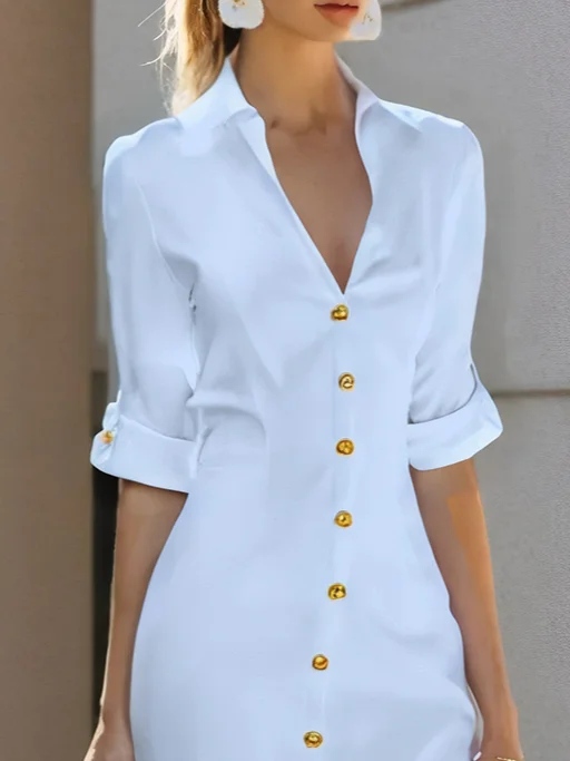 White Buckle Shirt Dress Shirt Collar Short Sleeve Sheath Midi Dress