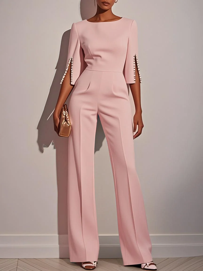 Women White Imitation Pearls Slit Boat Neck Half Sleeve Dressy Jumpsuit
