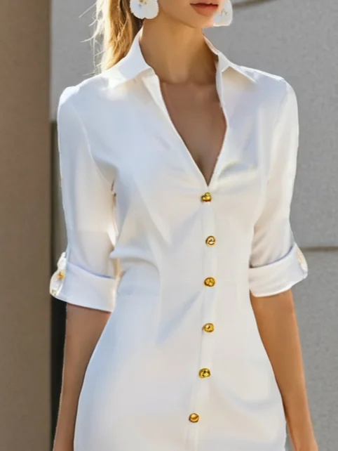 White Buckle Shirt Dress Shirt Collar Short Sleeve Sheath Midi Dress