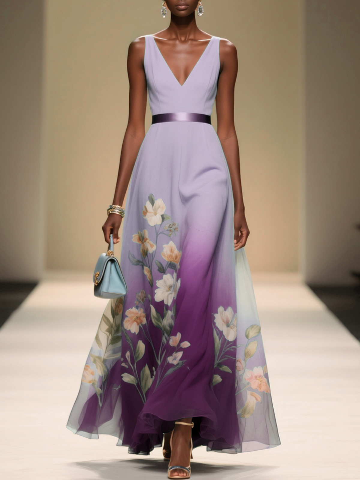 Light Blue Floral Chiffon V Neck Sleeveless A-Line Midi Dress