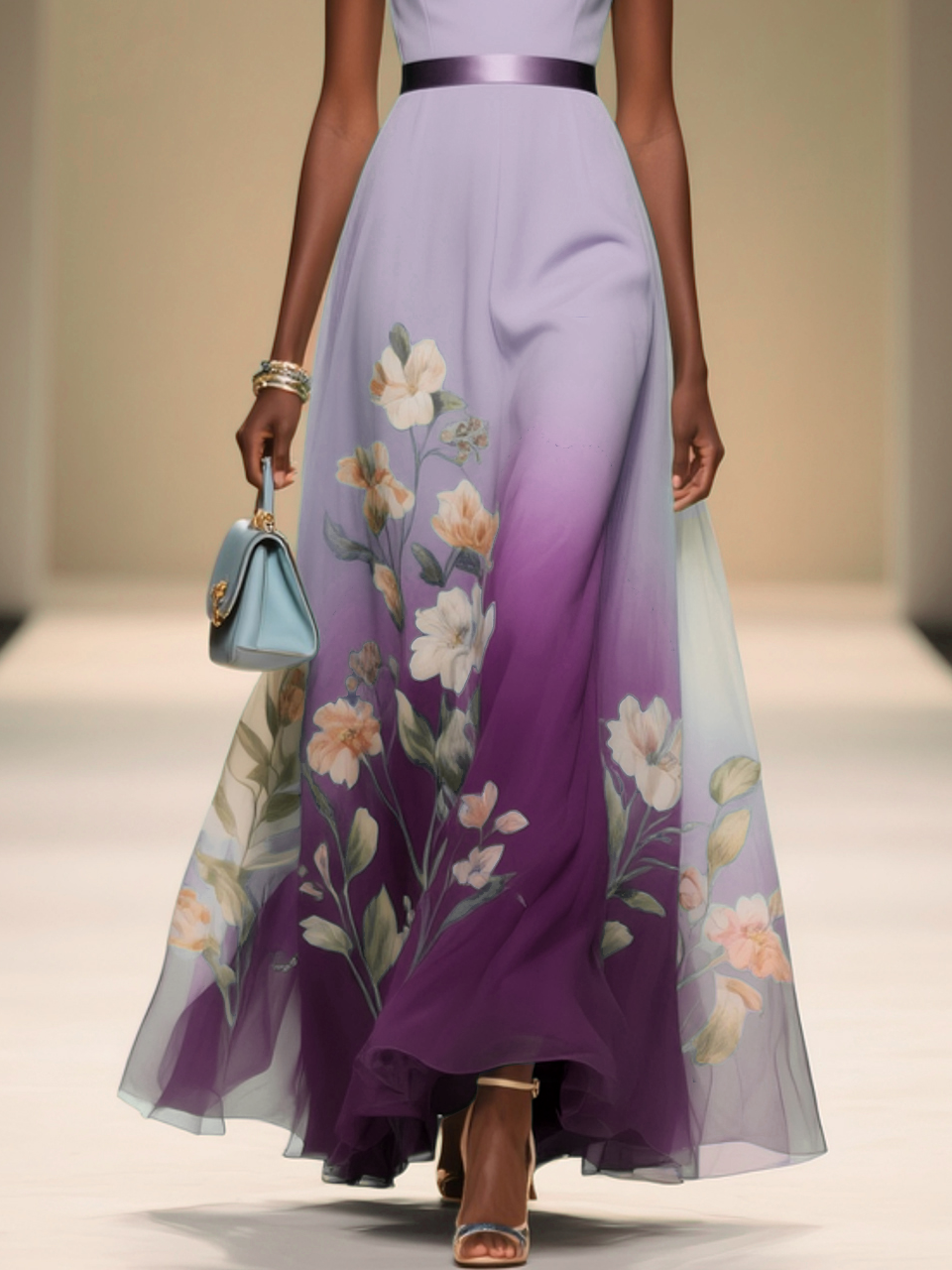 Light Blue Floral Chiffon V Neck Sleeveless A-Line Midi Dress