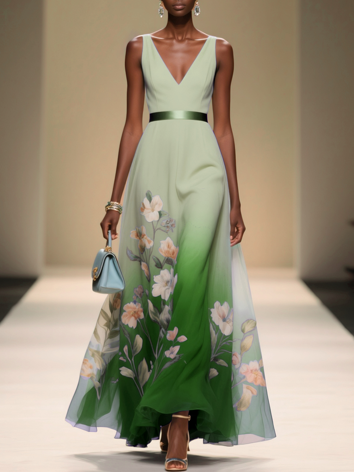 Light Blue Floral Chiffon V Neck Sleeveless A-Line Midi Dress