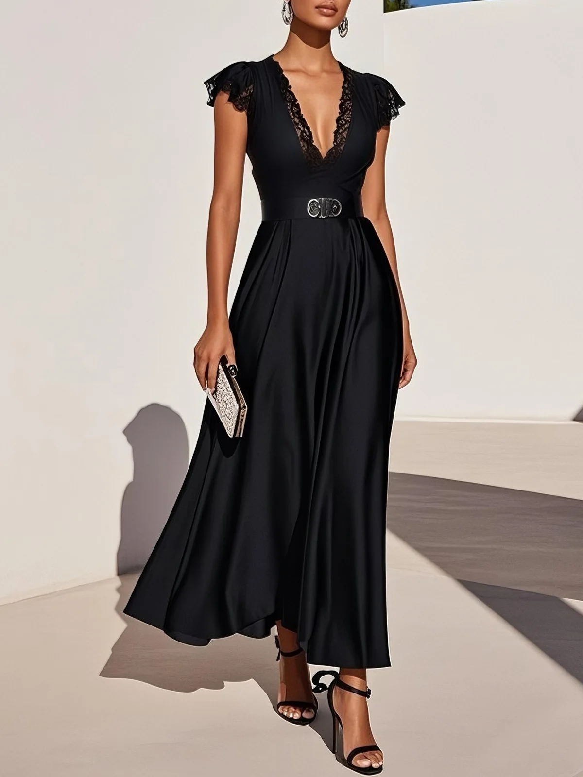 Black Lace Satin V Neck Short Sleeve A-Line Midi Dress