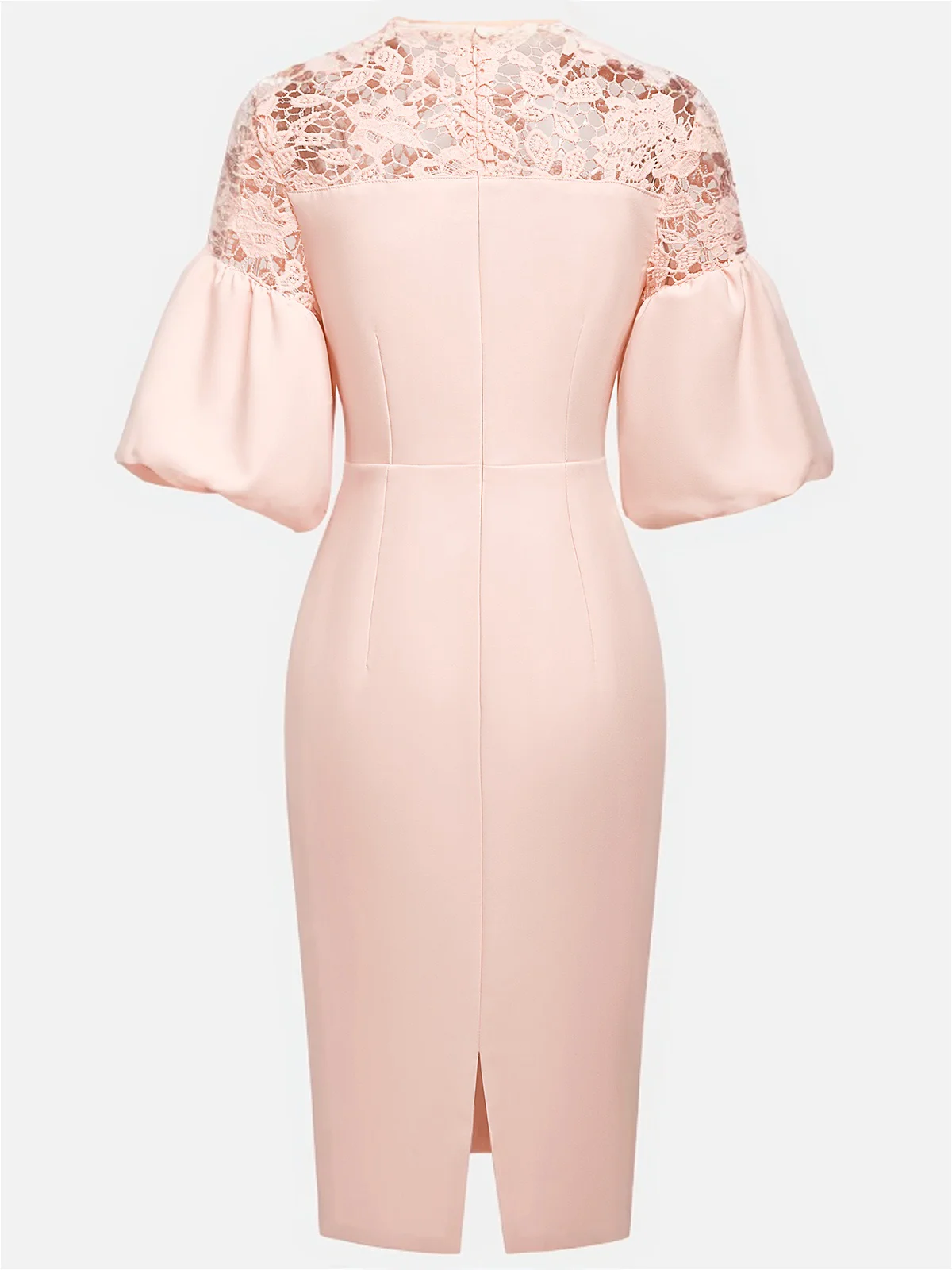 Pink Lace Classic Crew Neck Short Sleeve Balloon Sleeve Sheath Midi Dress