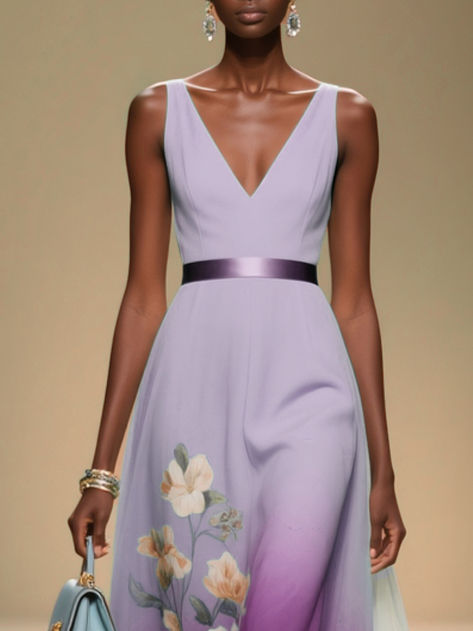 Light Blue Floral Chiffon V Neck Sleeveless A-Line Midi Dress