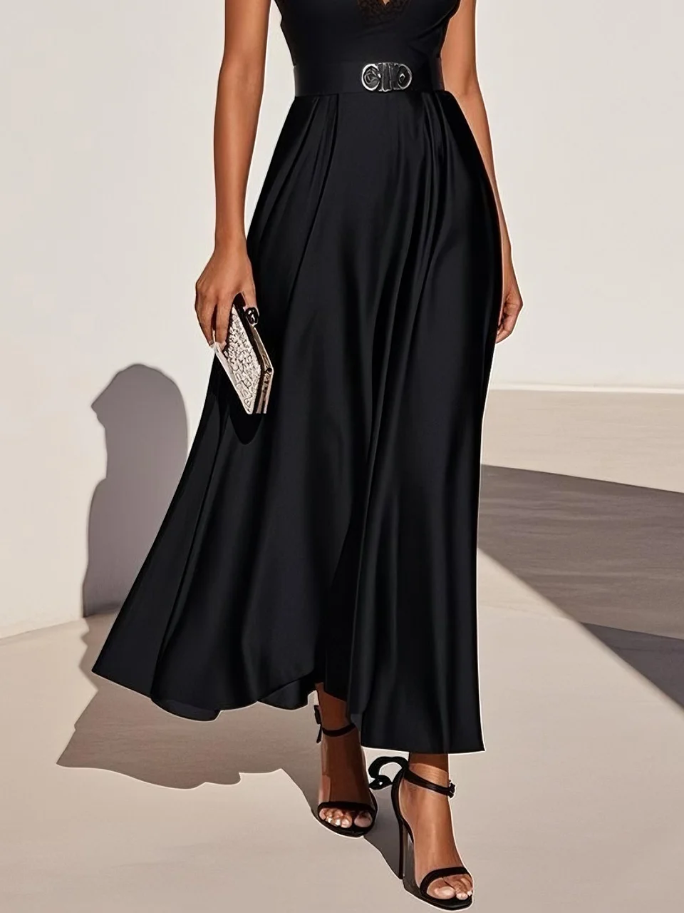 Black Lace Satin V Neck Short Sleeve A-Line Midi Dress