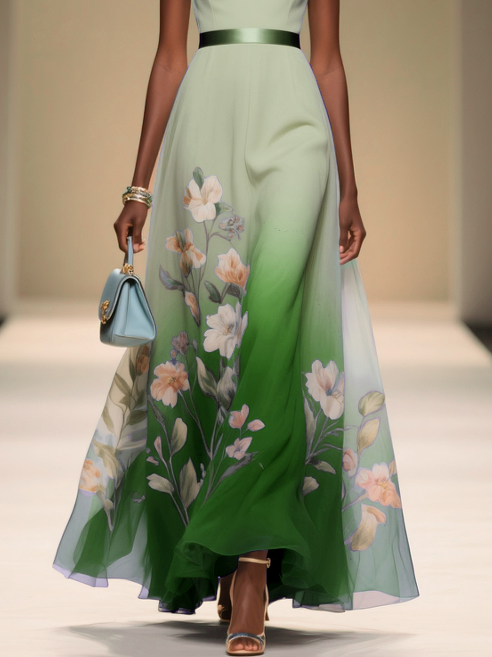 Light Blue Floral Chiffon V Neck Sleeveless A-Line Midi Dress