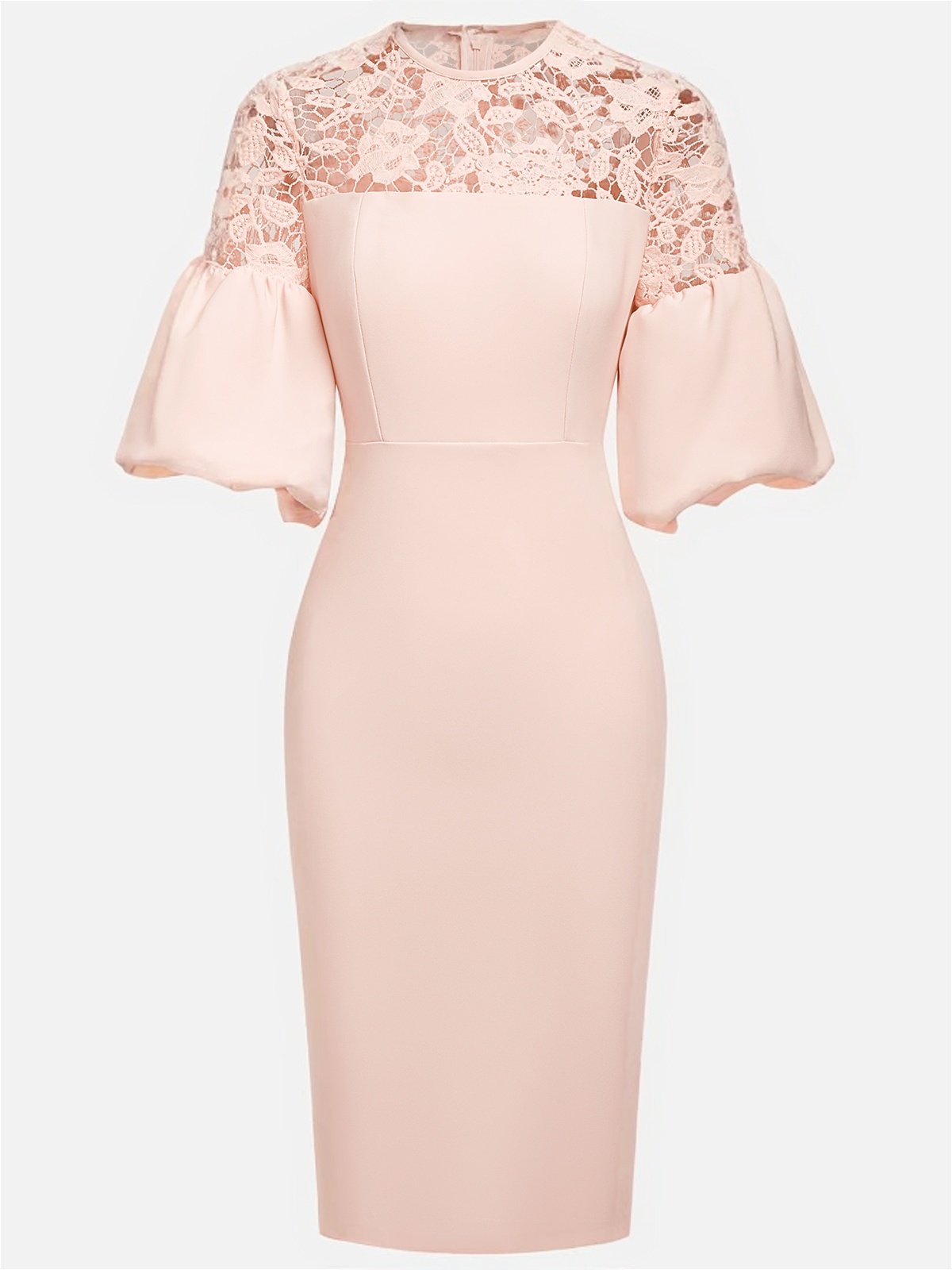Pink Lace Classic Crew Neck Short Sleeve Balloon Sleeve Sheath Midi Dress