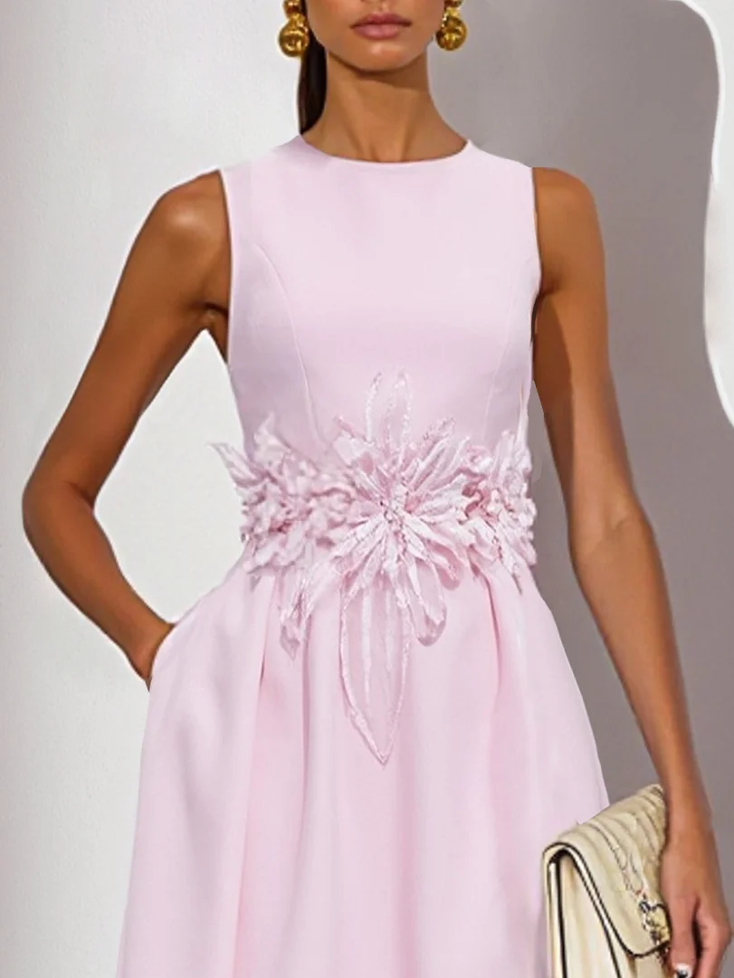 Pink 3D Floral Classic Crew Neck Sleeveless A-Line Midi Dress