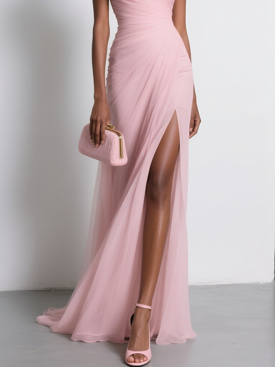 Pink Chiffon 3D Floral Slit  One Shoulder Sleeveless Sheath Gown Dress