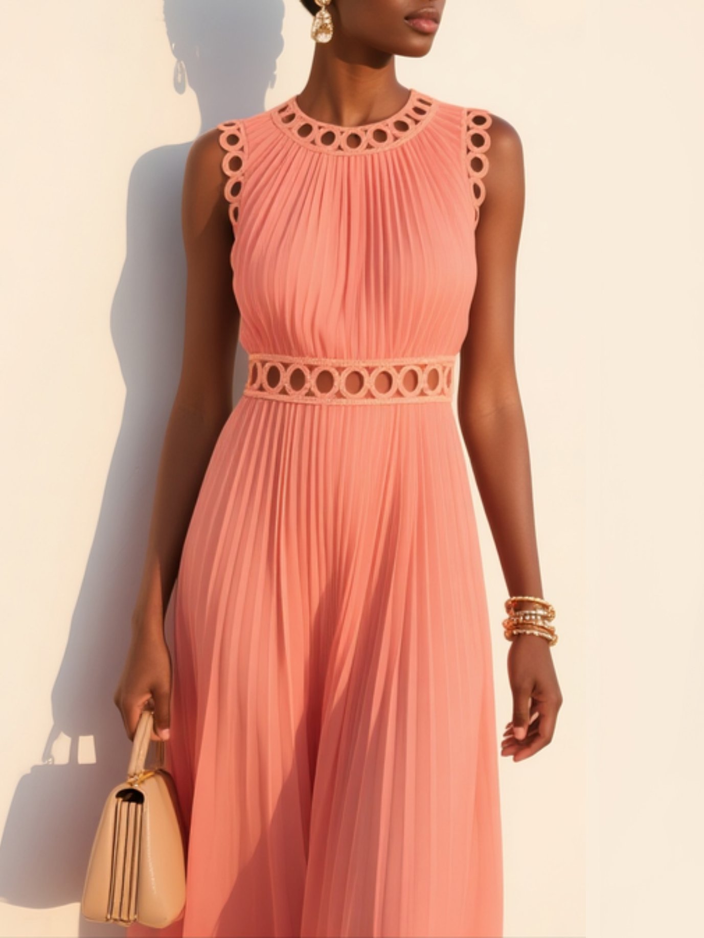 Orange Lace Pleated Chiffon Crew Neck Sleeveless A-Line Maxi Dress