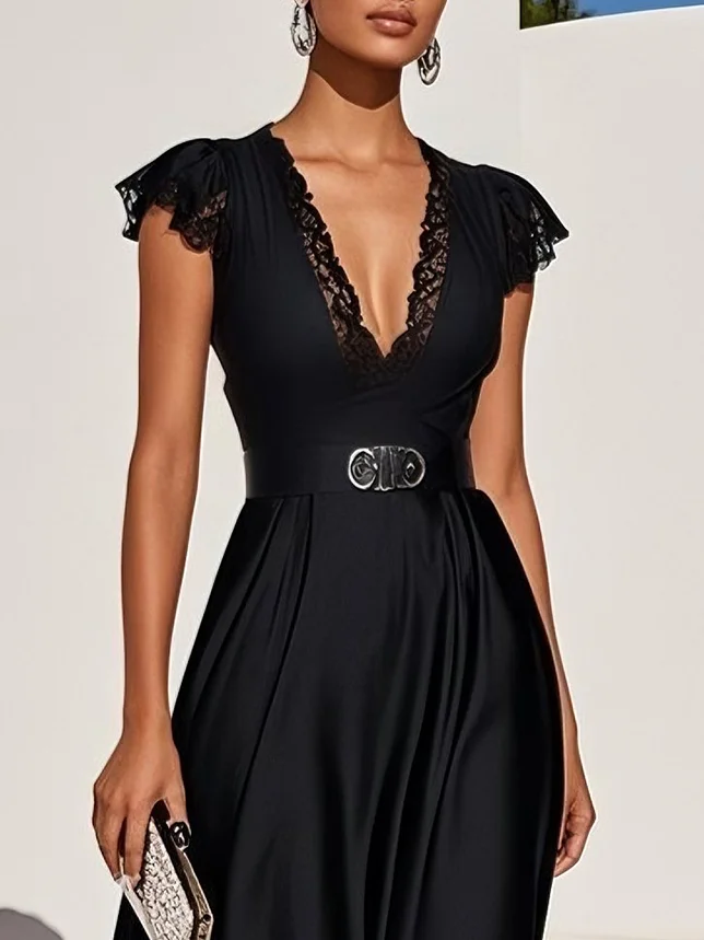 Black Lace Satin V Neck Short Sleeve A-Line Midi Dress