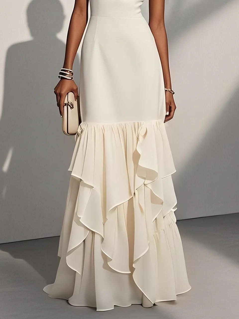 White Ruffled Classic V Neck Sleeveless Mermaid Maxi Dress