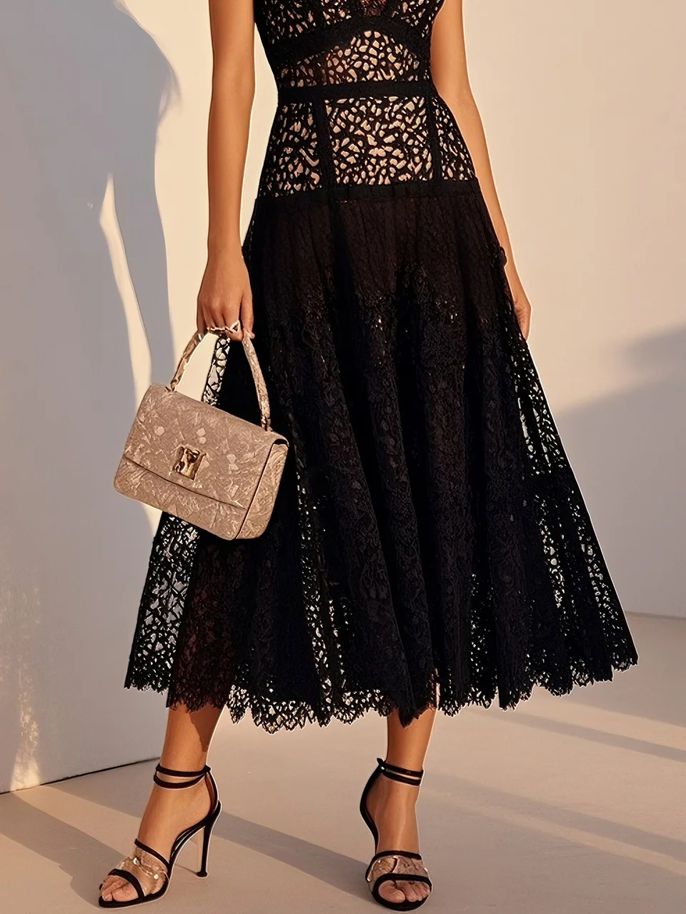 Black Lace Lace V Neck Sleeveless A-Line Midi Dress