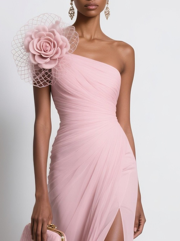 Pink Chiffon 3D Floral Slit  One Shoulder Sleeveless Sheath Gown Dress