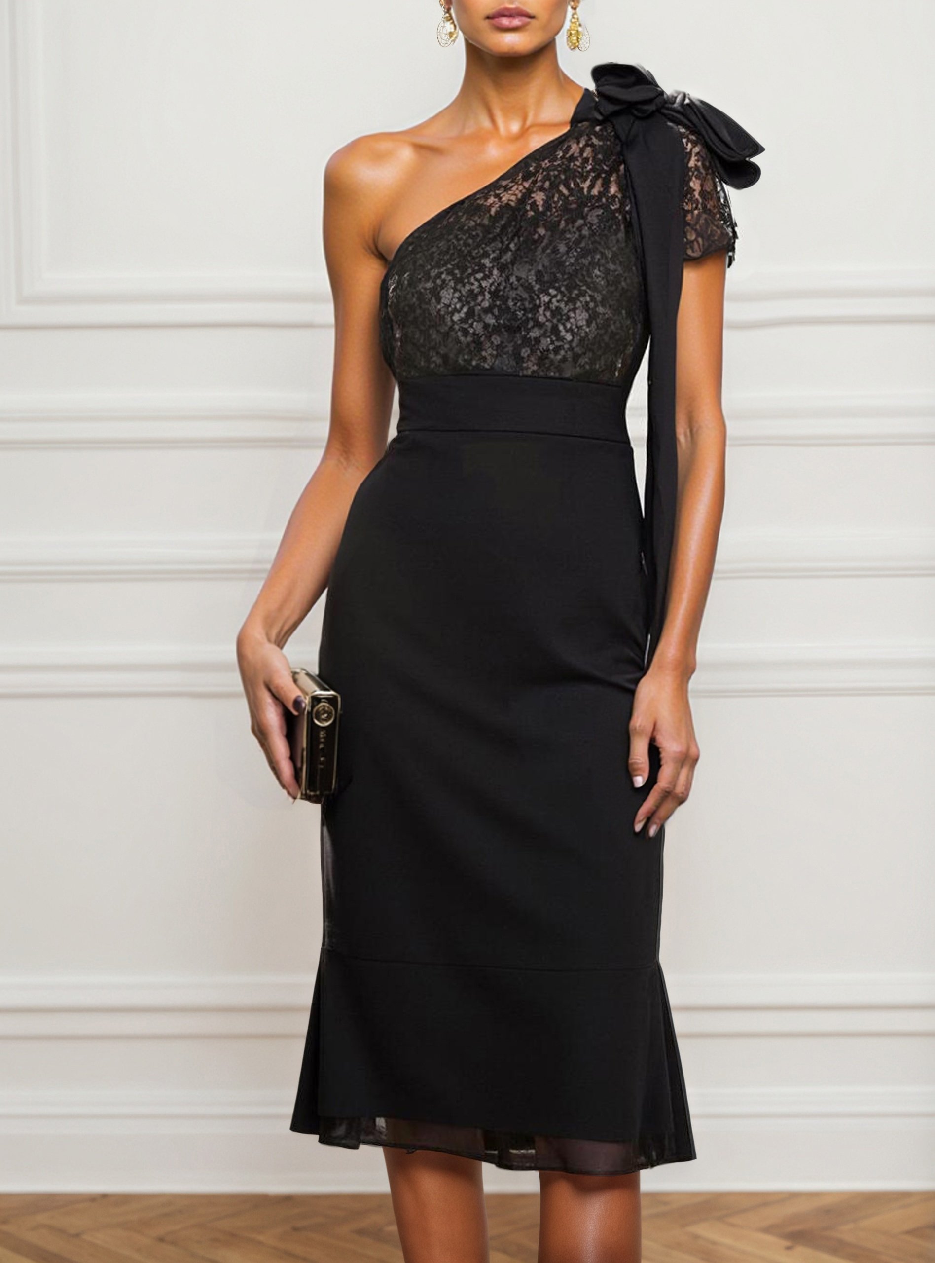 Black Lace Bow Lace One Shoulder Sleeveless Sheath Midi Dress