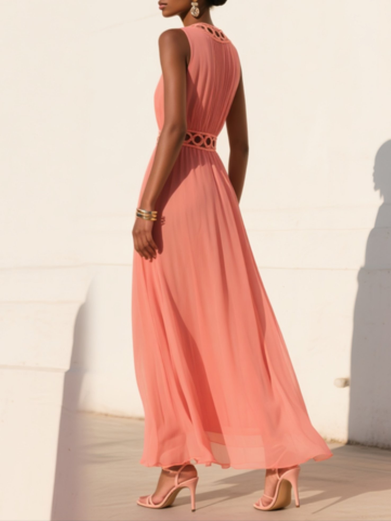 Orange Lace Pleated Chiffon Crew Neck Sleeveless A-Line Maxi Dress