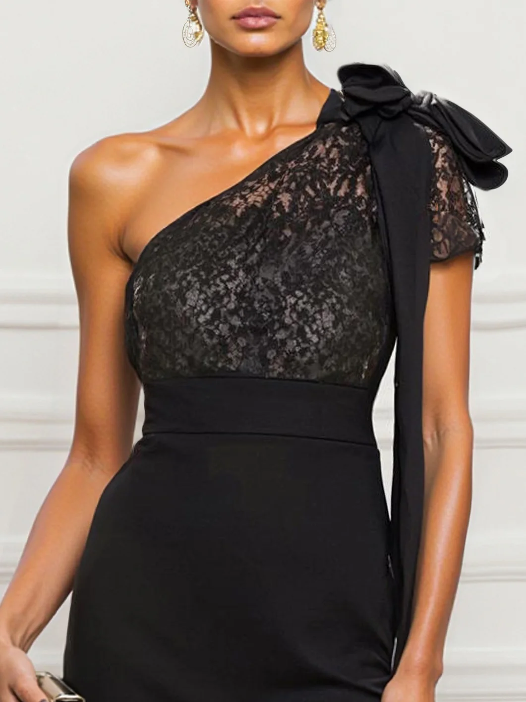 Black Lace Bow Lace One Shoulder Sleeveless Sheath Midi Dress