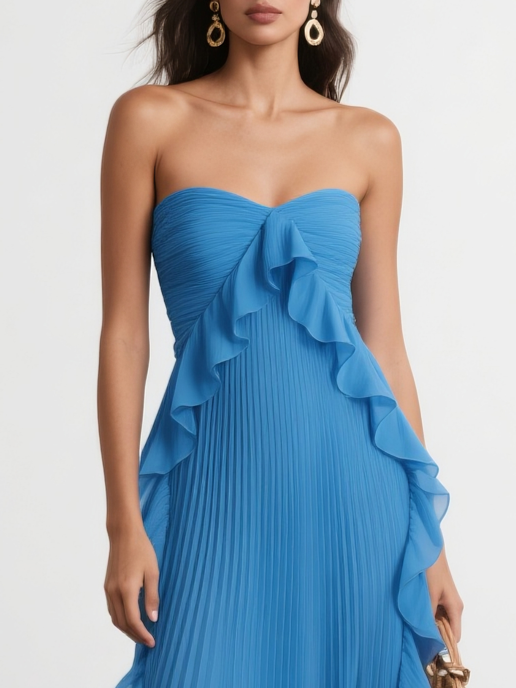 Blue Pleated Ruffled Chiffon Strapless Sleeveless A-Line Maxi Dress