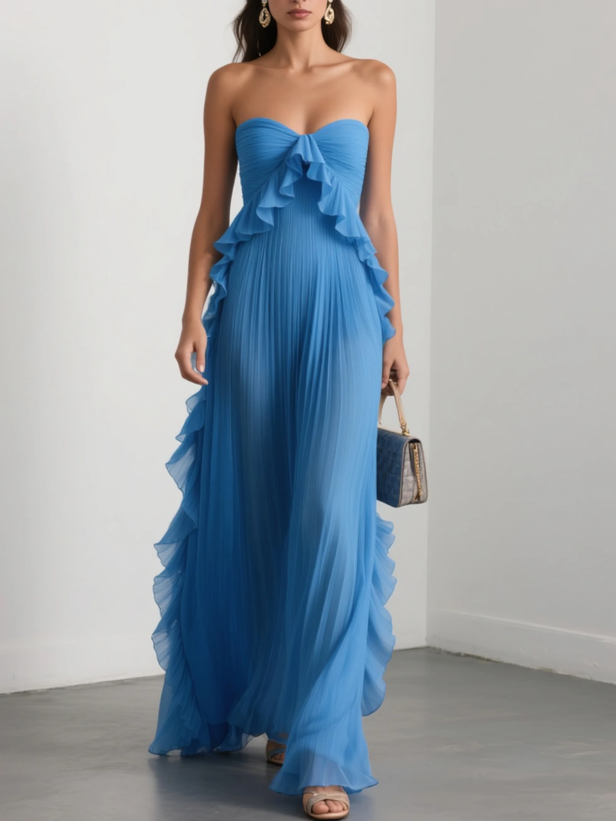 Blue Pleated Ruffled Chiffon Strapless Sleeveless A-Line Maxi Dress