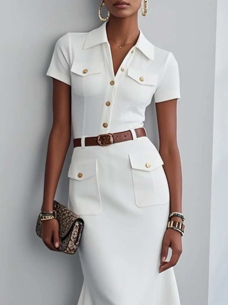 White Buckle Pocket Stitching Shirt Dress Shirt Collar Short Sleeve Mermaid Midi Dress