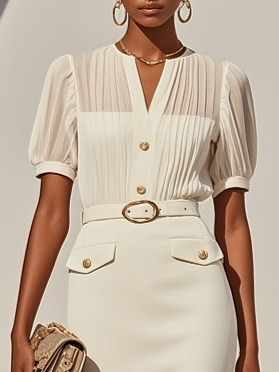 Apricot Pleated Classic Notched Short Sleeve Sheath Midi Dress