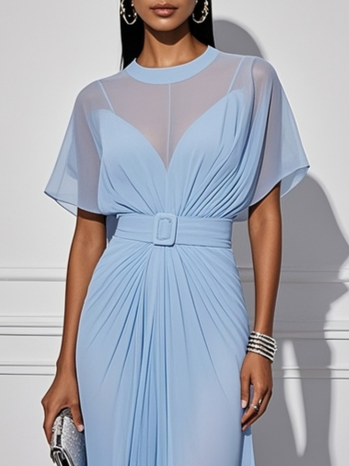 Light Blue Ruched Chiffon Crew Neck Short Sleeve A-Line Maxi Dress