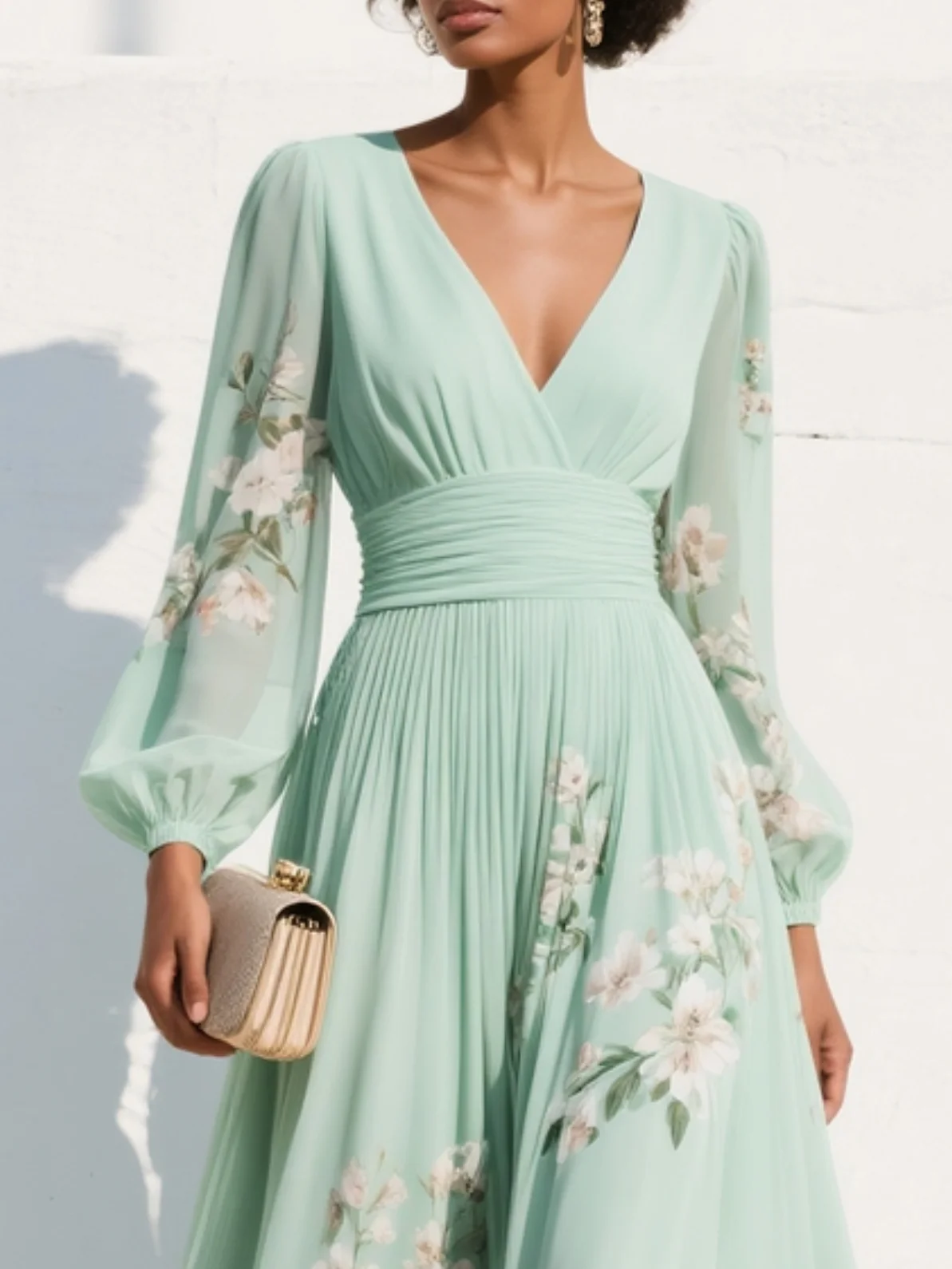 Lightgreen Ruched Floral Chiffon V Neck Long Sleeve Balloon Sleeve A-Line Maxi Dress