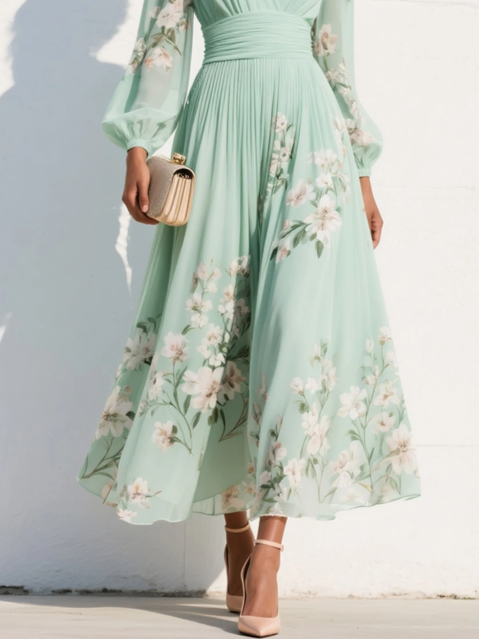 Lightgreen Ruched Floral Chiffon V Neck Long Sleeve Balloon Sleeve A-Line Maxi Dress