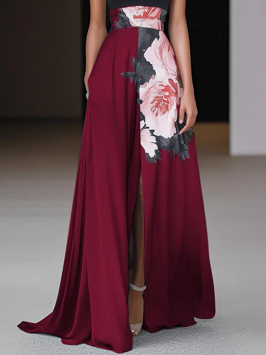Black Slit Floral Classic Crew Neck Sleeveless A-Line Maxi Dress