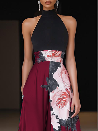 Black Slit Floral Classic Crew Neck Sleeveless A-Line Maxi Dress