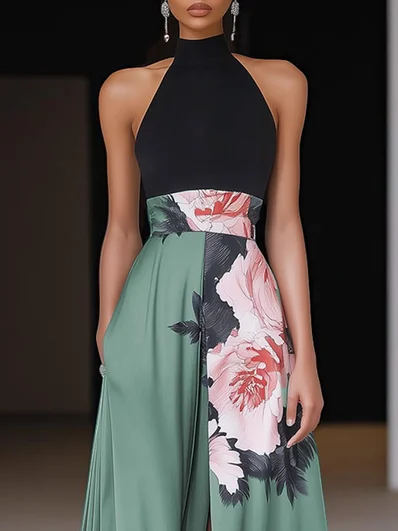 Black Slit Floral Classic Crew Neck Sleeveless A-Line Maxi Dress