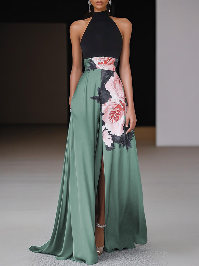 Black Slit Floral Classic Crew Neck Sleeveless A-Line Maxi Dress