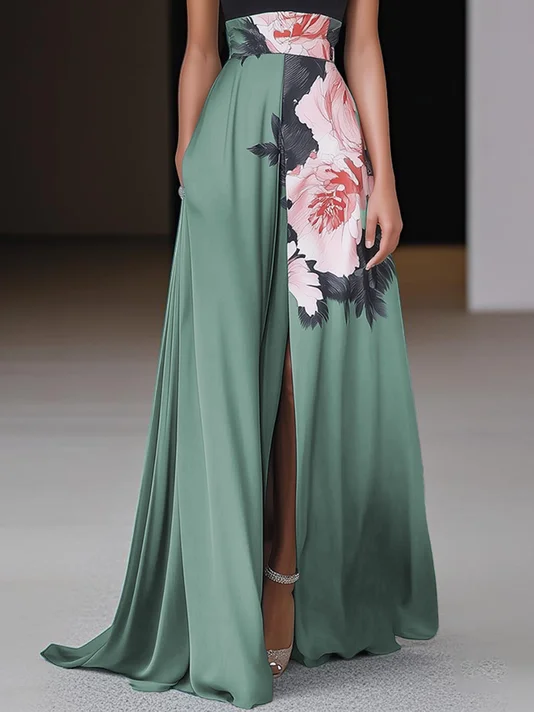 Black Slit Floral Classic Crew Neck Sleeveless A-Line Maxi Dress