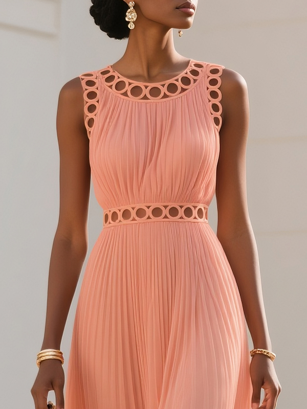 Orange Lace Pleated Chiffon Crew Neck Sleeveless A-Line Maxi Dress