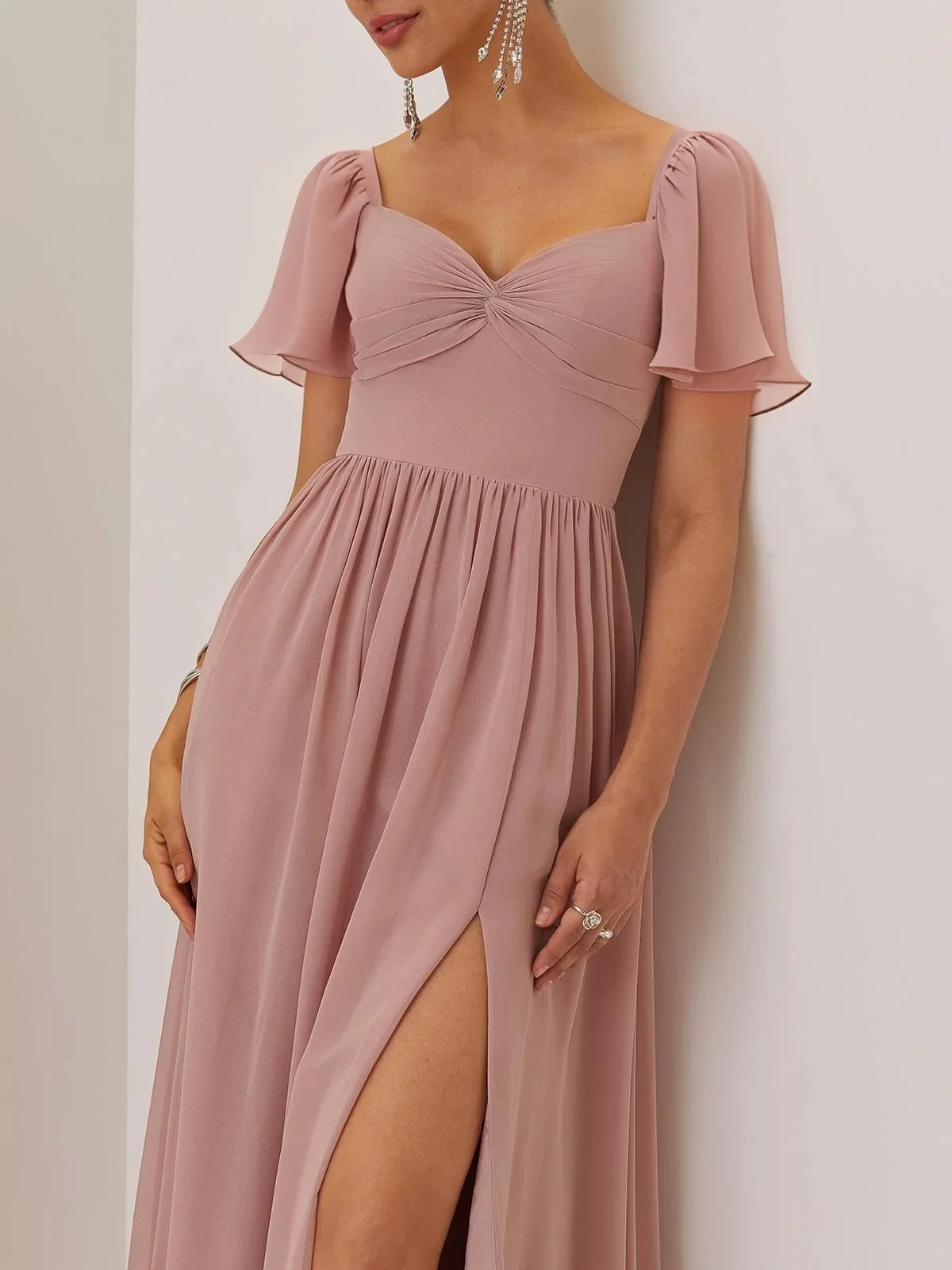 Pink Lace-up Ruched Chiffon Square Neck Gallus Bell Sleeve A-Line Maxi Dress