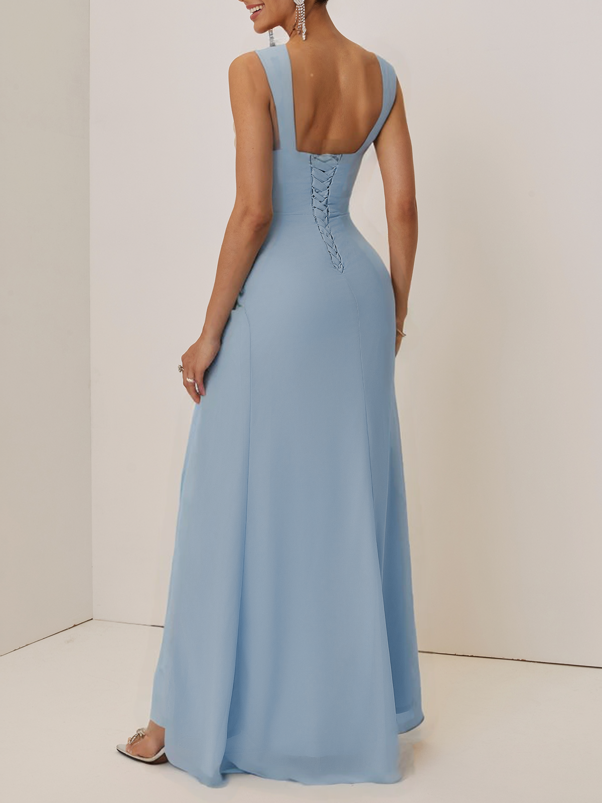 Light Blue Ruched Classic Sweetheart Neckline Sleeveless A-Line Maxi Dress