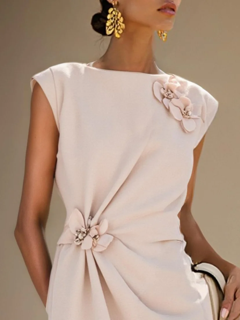 Pink 3D Floral Ruched Classic Crew Neck Sleeveless A-Line Midi Dress