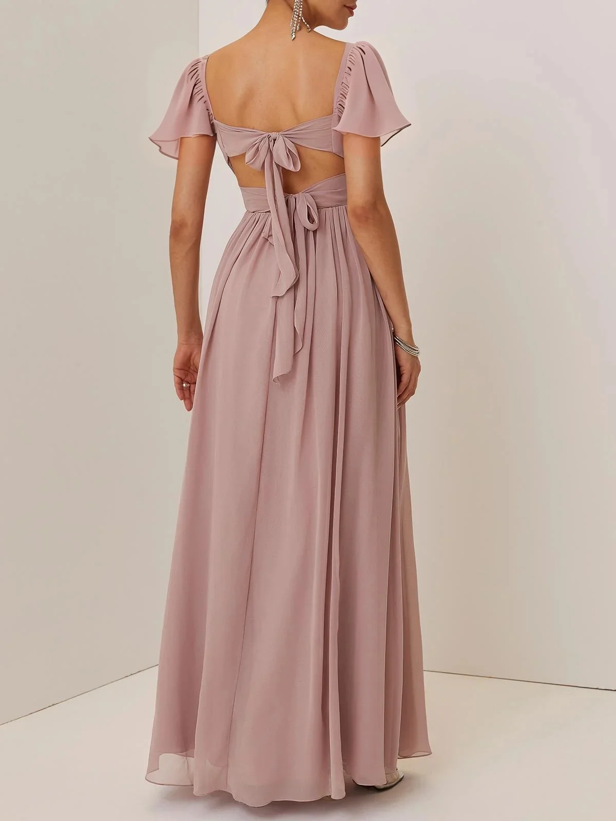 Pink Lace-up Ruched Chiffon Square Neck Gallus Bell Sleeve A-Line Maxi Dress