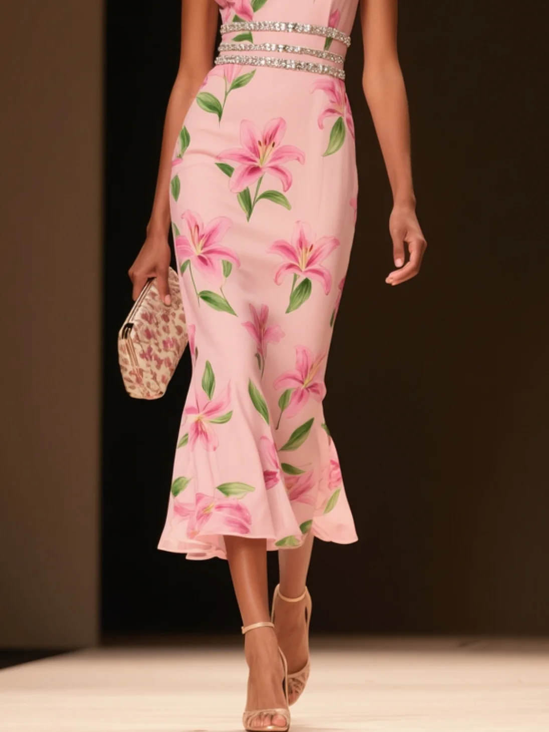 Pink Floral Rhinestone Chiffon V Neck Sleeveless Mermaid Midi Dress