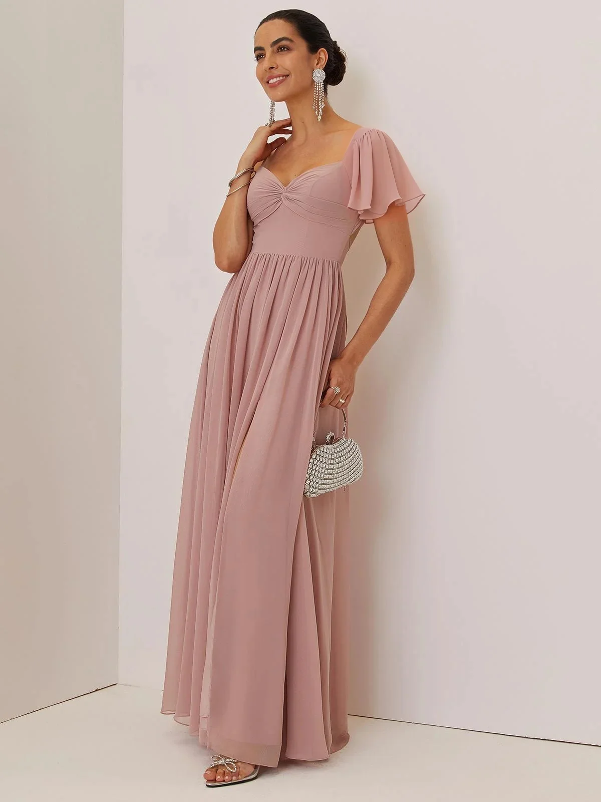 Pink Lace-up Ruched Chiffon Square Neck Gallus Bell Sleeve A-Line Maxi Dress