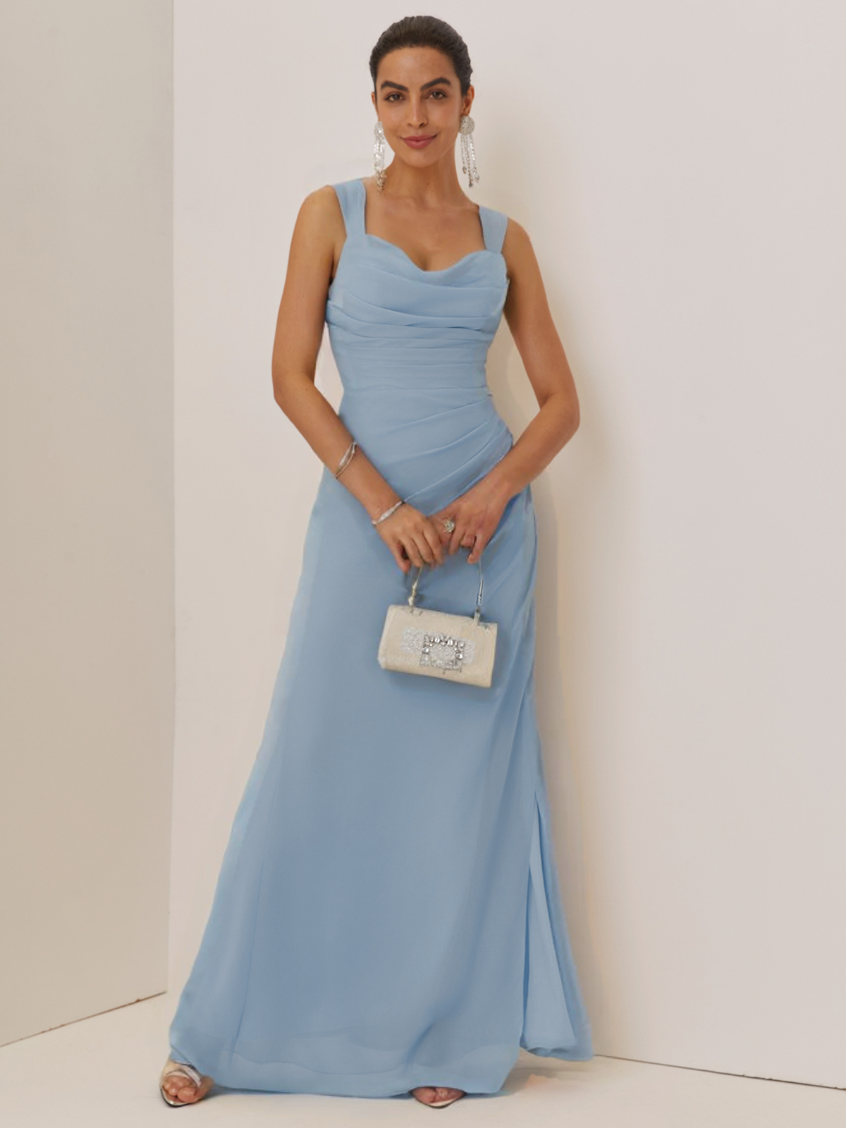 Light Blue Ruched Classic Sweetheart Neckline Sleeveless A-Line Maxi Dress