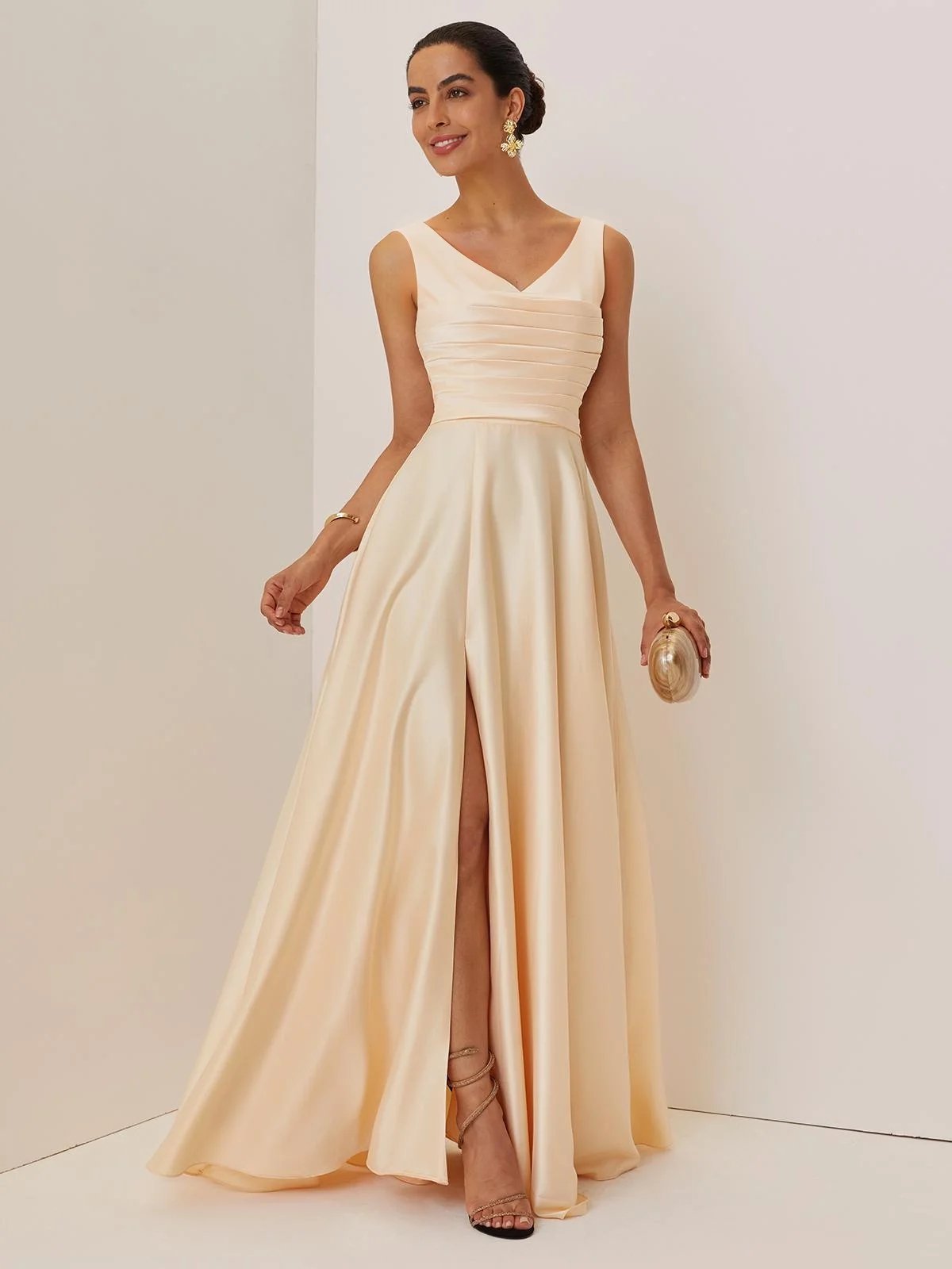 Champagne Ruched Slit Satin V Neck Sleeveless A-Line Maxi Dress